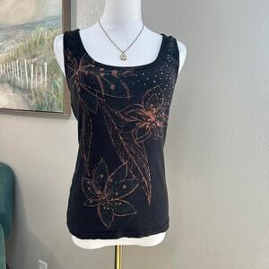 Y2K Rhinestone Floral Tank Top – Black Copper Graphic‎ - Size M/L